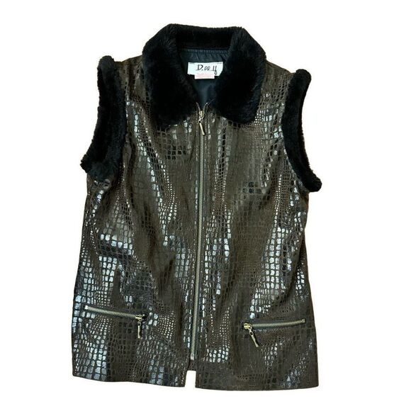 Joseph Ribkoff Trends Brown Reptile Print Vest Faux Fur Collar Zip Front - Picture 1 of 4